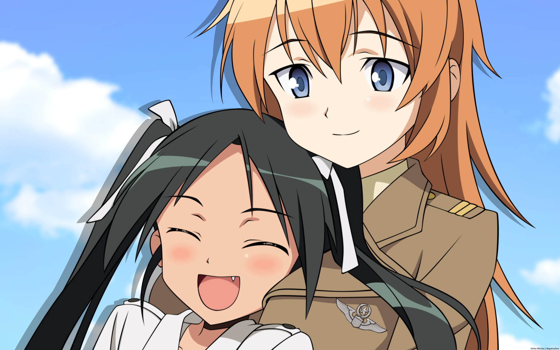 negativezero, charlotte e. yeager, francesca lucchini, strike witches, world witches series, derivative work, highres, self-upload, vector trace, 00s, 2girls, black hair, blue eyes, closed eyes, closed mouth, fang, hair ribbon, multiple girls, open mouth, orange hair, ribbon, smile