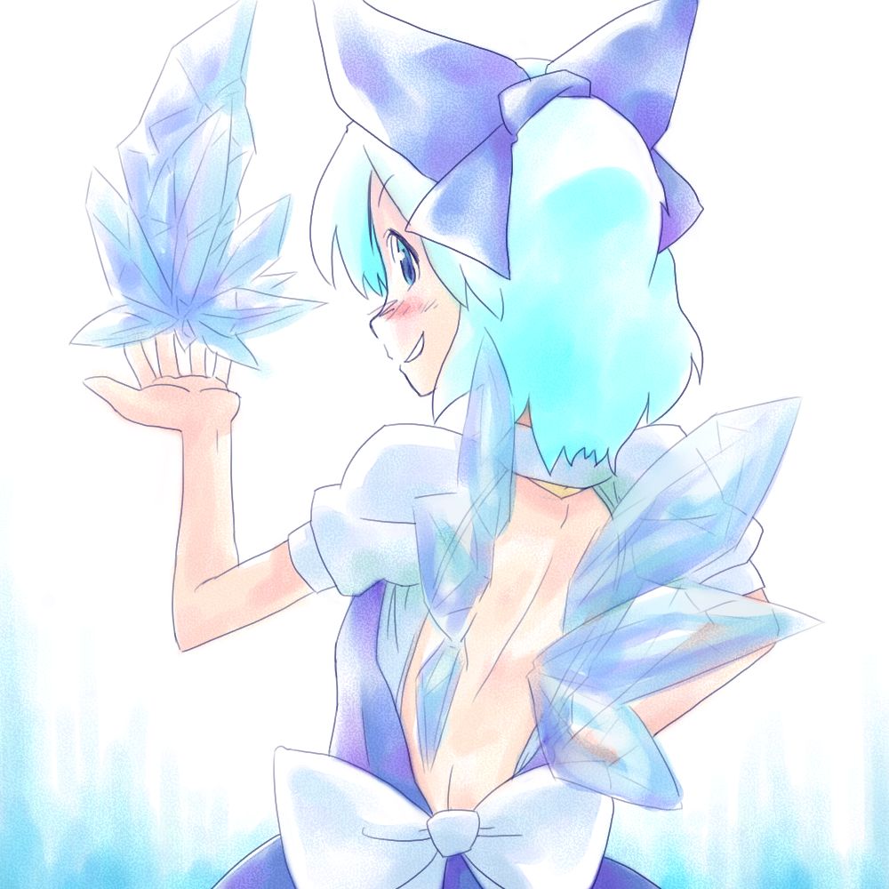 monolith, cirno, embodiment of scarlet devil, touhou, 1girl, dress, element bender, female focus, gradient background, ice, solo, white background, wings