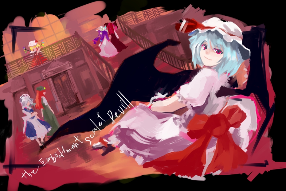 mosuke, flandre scarlet, hong meiling, izayoi sakuya, koakuma, patchouli knowledge, remilia scarlet, embodiment of scarlet devil, touhou, silver hair, 6+girls, bat wings, blonde hair, bow, copyright name, female focus, hat, head wings, indoors, long hair, maid, multiple girls, purple hair, red eyes, red hair, ribbon, short hair, wings