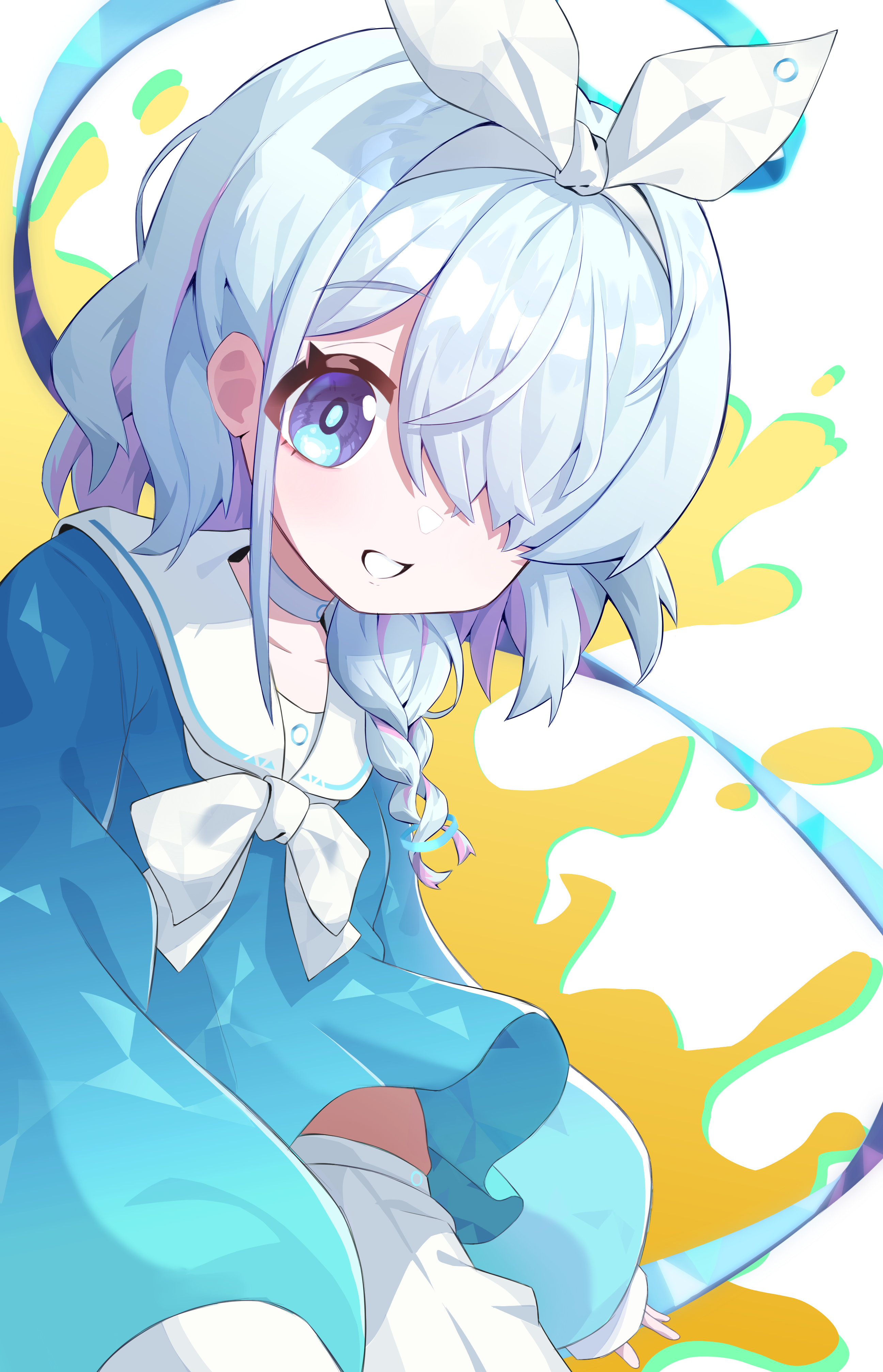 alyome, arona (blue archive), blue archive, absurdres, commentary, highres, 1girl, aqua hair, aqua halo, aqua pupils, blue shirt, blush, bow, bow hairband, bowtie, braid, bright pupils, choker, collarbone, colored inner hair, grin, hair ornament, hair over one eye, hairband, halo, long sleeves, looking at viewer, medium hair, midriff peek, multicolored hair, pleated skirt, puffy long sleeves, puffy sleeves, purple eyes, purple hair, sailor collar, sailor shirt, school uniform, serafuku, shirt, sidelocks, single braid, skirt, sleeves past wrists, smile, solo, splatter background, two-tone hair, upper body, white background, white bow, white bowtie, white choker, white hairband, white sailor collar, white skirt, yellow background