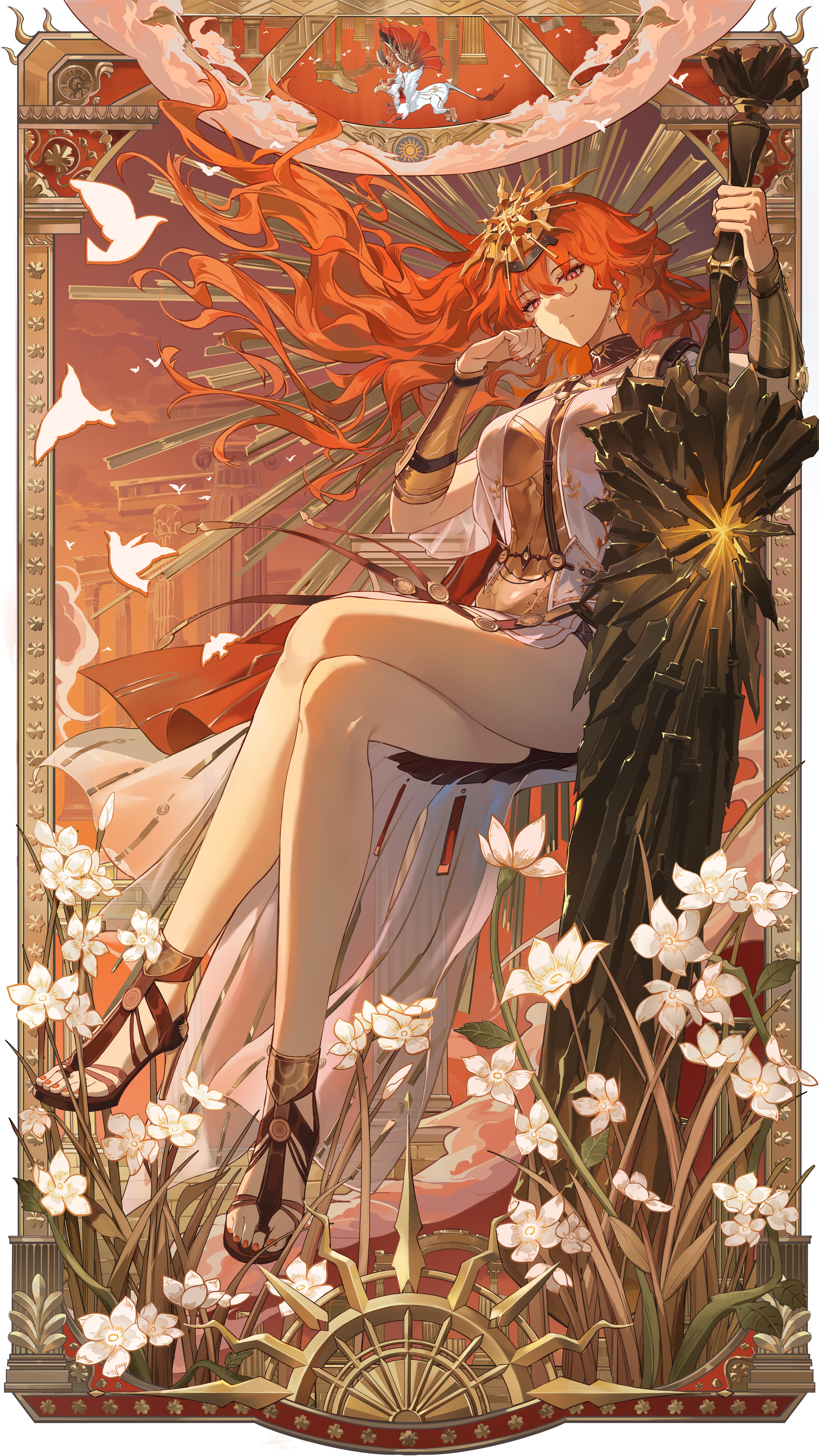 asona, augusta (wuthering waves), wuthering waves, absurdres, highres, 1girl, ancient greek clothes, arm armor, black collar, breasts, closed mouth, collar, crossed legs, dress, earrings, full body, gladiator, greatsword, greco-roman clothes, hair between eyes, headgear, high heels, holding, holding sword, holding weapon, jewelry, long hair, looking at viewer, orange hair, red eyes, sitting, solo, sun earrings, sword, weapon, white dress