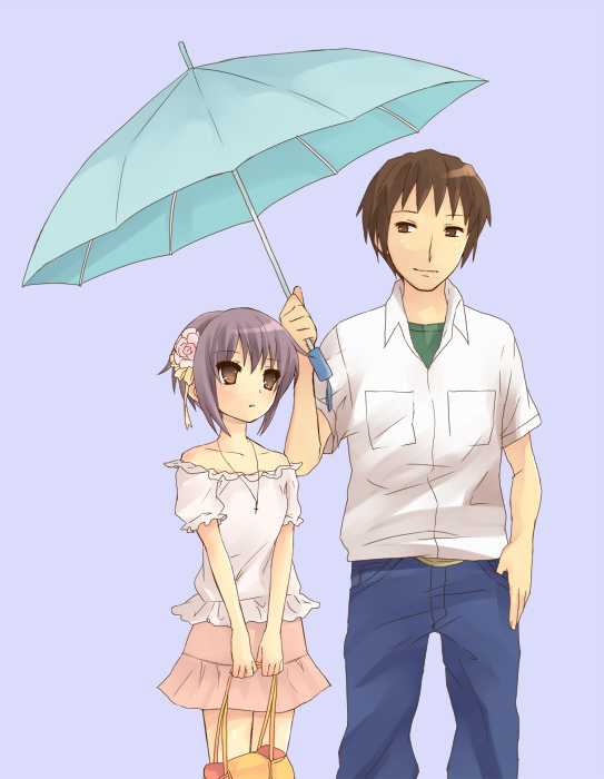 hijiki (hijikini), hijikini, kyon, nagato yuki, suzumiya haruhi no yuuutsu, 00s, 1boy, 1girl, casual, holding, holding umbrella, shared umbrella, short hair, umbrella