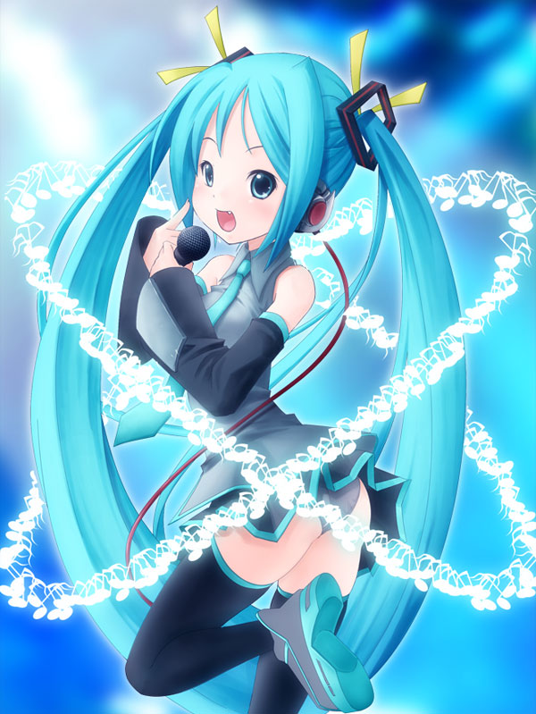 kintarou (kintarou's room), hatsune miku, vocaloid, aqua eyes, aqua hair, detached sleeves, fang, headphones, long hair, microphone, miniskirt, necktie, panties, pantyshot, skirt, solo, thighhighs, twintails, underwear, zettai ryouiki