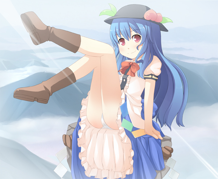 masuneko, hinanawi tenshi, touhou, bad id, bad pixiv id, 1girl, blue hair, female focus, food, fruit, gradient background, hat, long hair, outdoors, panties, peach, ribbon, skirt, sky, solo, underwear