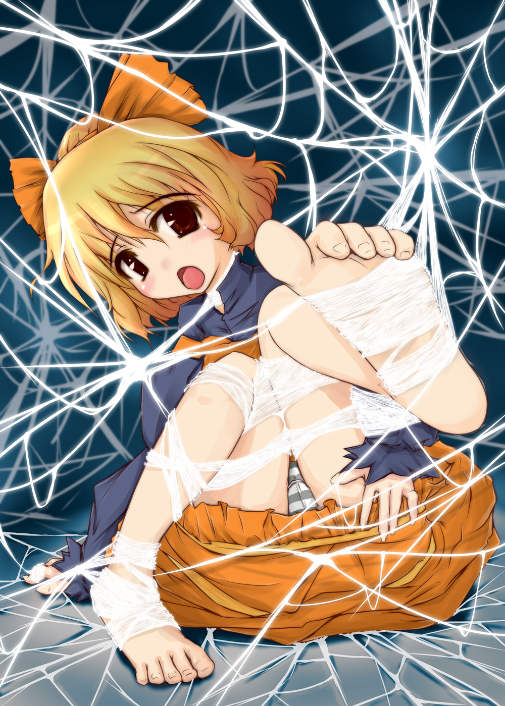 natsume riu, kurodani yamame, touhou, highres, 1girl, barefoot, blonde hair, cameltoe, feet, female focus, foot focus, panties, ribbon, short hair, silk, soles, solo, spider web, striped clothes, striped panties, toe scrunch, toes, underwear