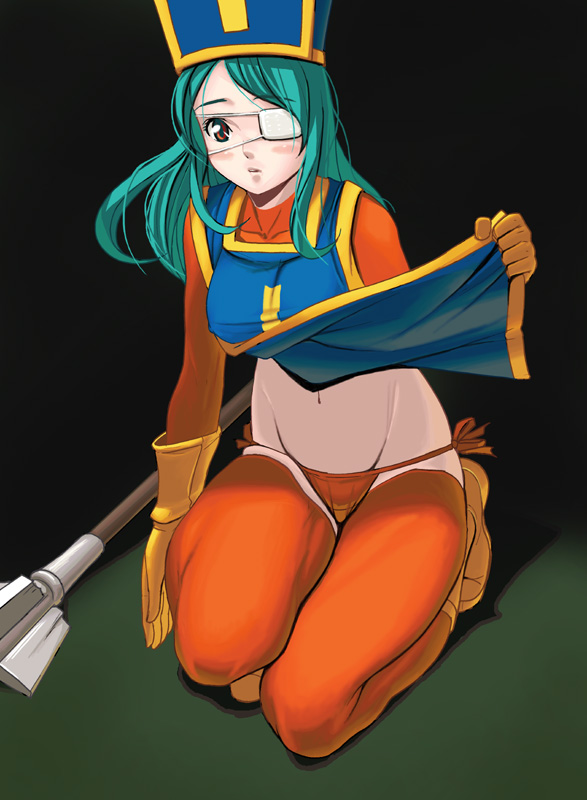 kouno (masao), priest (dq3), chunsoft, dragon quest, dragon quest iii, enix, bad id, bad pixiv id, 1girl, blush, clothes lift, eyepatch, female focus, full body, green hair, hat, kneeling, long hair, mace, mitre, orange thighhighs, panties, red eyes, shirt lift, side-tie panties, solo, tabard, thighhighs, underwear, weapon