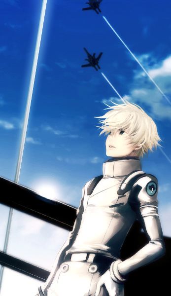teddy (artist), graham aker, gundam, gundam 00, jet, bad id, bad pixiv id, 00s, 1boy, aircraft, airplane, armor, belt, blonde hair, blue sky, contrail, day, full armor, gloves, hand on own hip, male focus, shoulder pads, silhouette, sky, solo, upper body, white gloves