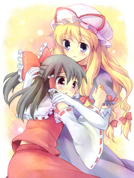 kuguri oimo, hakurei reimu, yakumo yukari, touhou, bad id, bad pixiv id, 2girls, blonde hair, comforting, elbow gloves, female focus, gloves, hand on another's head, hat, holding, hug, japanese clothes, long hair, miko, multiple girls, ribbon, tears, white gloves
