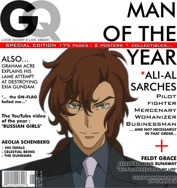 ali al-saachez, gundam, gundam 00, cover, english text, fake magazine cover, formal clothes, magazine (object), magazine cover, male focus, necktie, parody, solo, suit