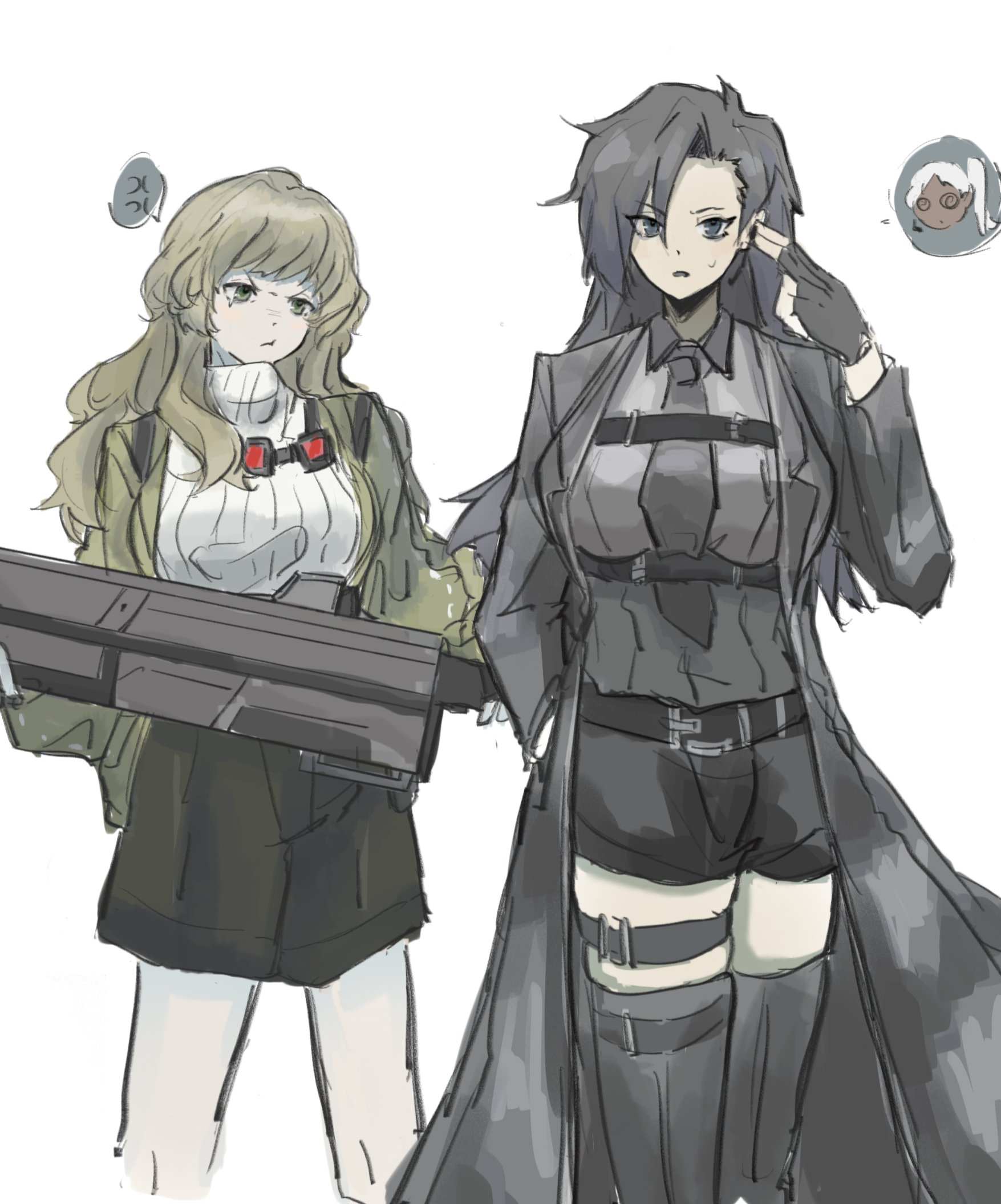 liwei (project moon), stephan (project moon), tamaki (project moon), library of ruina, project moon, highres, @ @, alternate costume, alternate hairstyle, black coat, black eyes, black hair, blonde hair, breasts, chest binder, coat, earpiece, fingerless gloves, genderswap, genderswap (mtf), gloves, goggles, green eyes, green jacket, gun, holding, holding gun, holding weapon, jacket, knees, long hair, open clothes, open jacket, pout, shorts, simple background, sweatdrop, sweater, thigh strap, thighhighs, weapon, white background
