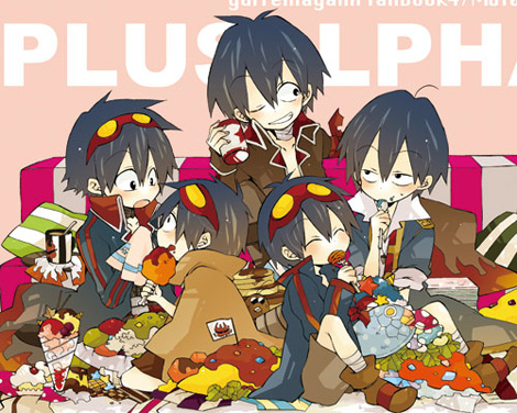 harikamo, garlock simon, simon (ttgl), tengen toppa gurren lagann, lowres, 00s, 5boys, aged down, aged up, food, male focus, multiple boys, multiple persona, time paradox