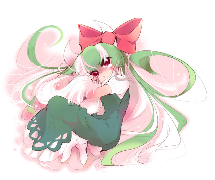 usoneko, ex-keine, kamishirasawa keine, touhou, 1girl, female focus, full body, green hair, horns, hugging own tail, hugging tail, lying, red eyes, solo, tail, white background