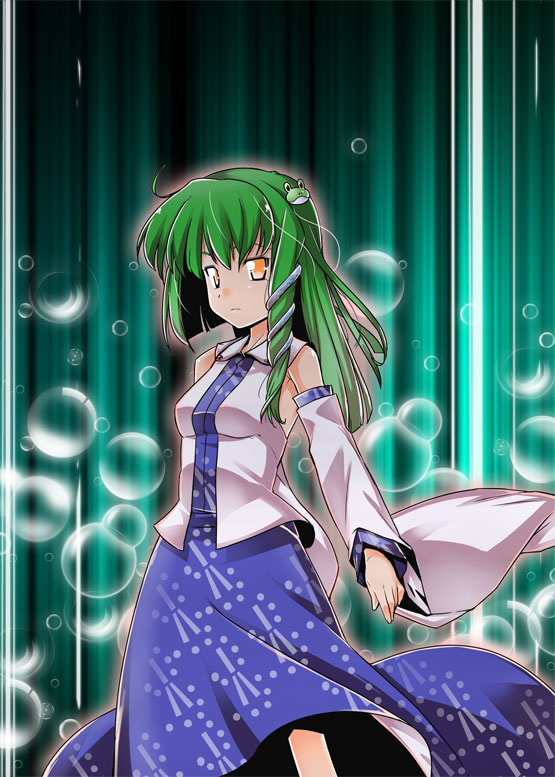 kiku hitomoji, tora tooru, toru tooru, kochiya sanae, touhou, 1girl, blue skirt, brown eyes, detached sleeves, female focus, frog hair ornament, green hair, hair ornament, long hair, looking at viewer, nontraditional miko, skirt, solo, standing, vest