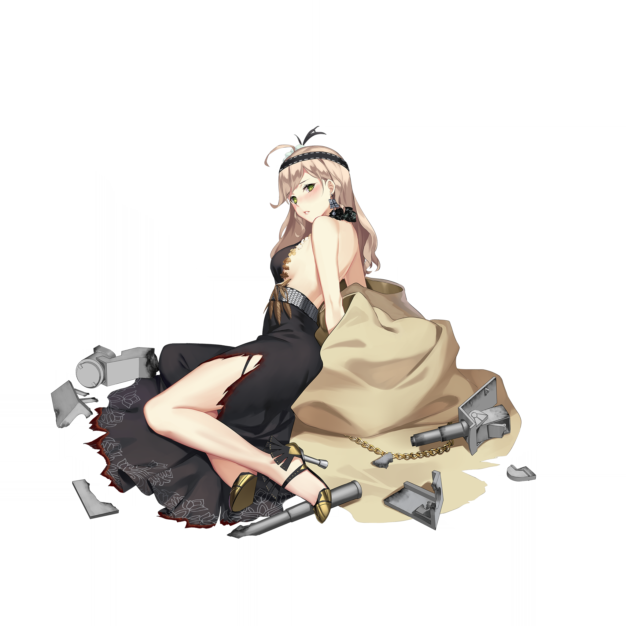 zi se, missouri (warship girls r), warship girls r, highres, official art, 1girl, backless dress, backless outfit, black dress, black headband, blonde hair, blush, breasts, dress, earrings, full body, gold shoes, green eyes, hair ornament, headband, high heels, jewelry, large breasts, long hair, looking at viewer, official alternate costume, shoes, silver belt, solo, torn clothes, torn dress, transparent background
