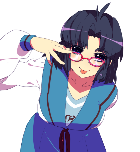 tashimo, asakura ryoko, suzumiya haruhi no yuuutsu, 00s, :p, bespectacled, blue eyes, blue hair, glasses, school uniform, serafuku, solo, tongue, tongue out