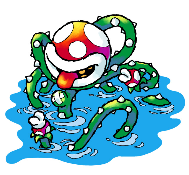 nakagawa yasuhisa, naval piranha, piranha plant, mario (series), nintendo, official art, third-party source, bandaid, no humans, open mouth, simple background, thorns, tongue, tongue out, water, white background, yoshi's island: super mario advance 3