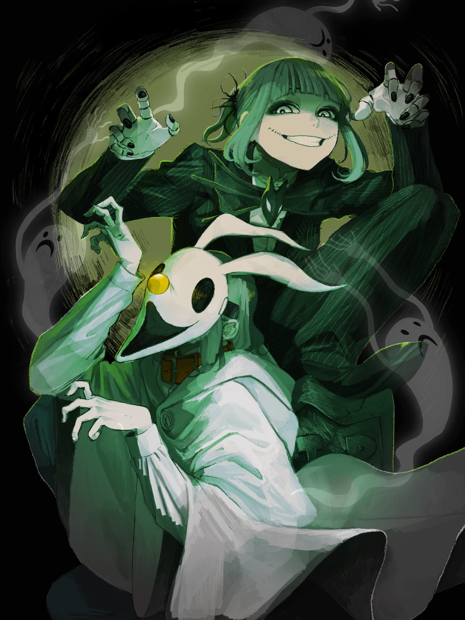 donutshole13, zero (nbc), original, the nightmare before christmas, character request, highres, 1boy, 1girl, cosplay, costume, double bun, ghost, grin, hair bun, halloween, long sleeves, moon, night, smile, zero (nbc) (cosplay)