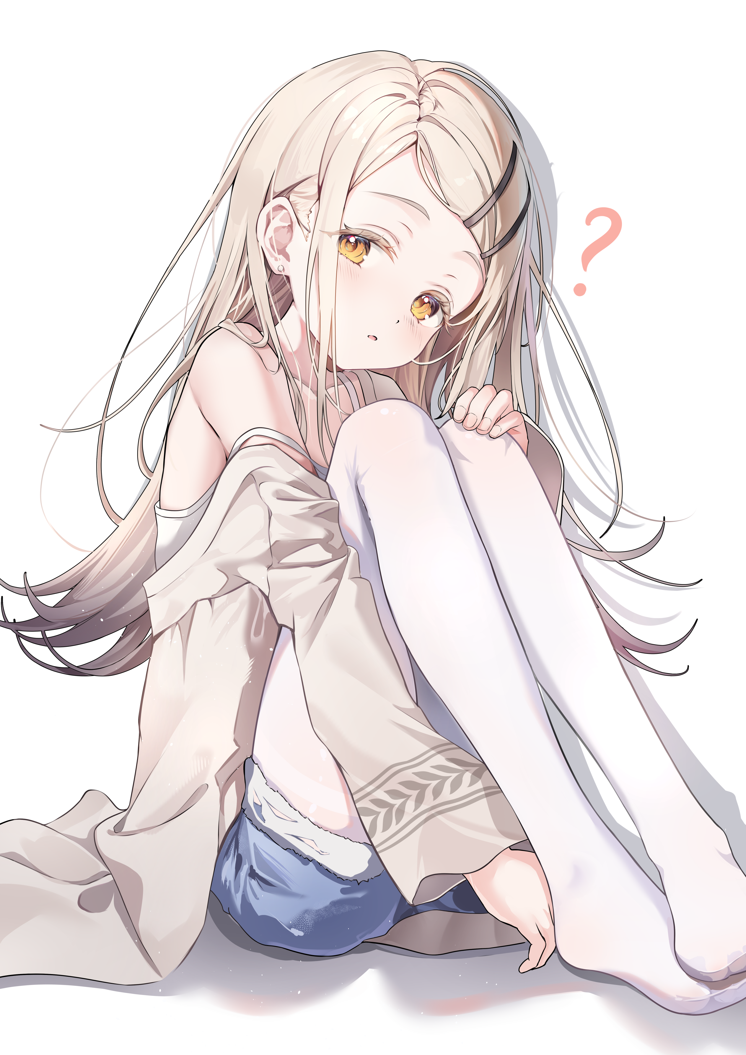 mojo (mojoawa), shinosawa hiro, gakuen idolmaster, idolmaster, absurdres, highres, 1girl, ?, blonde hair, blue shorts, brown eyes, camisole, cardigan, grey cardigan, hair ornament, hairclip, knees up, long hair, looking at viewer, no shoes, open mouth, pantyhose, parallel hairclips, parted bangs, short shorts, shorts, sitting, solo, thick eyelashes, white camisole, white pantyhose