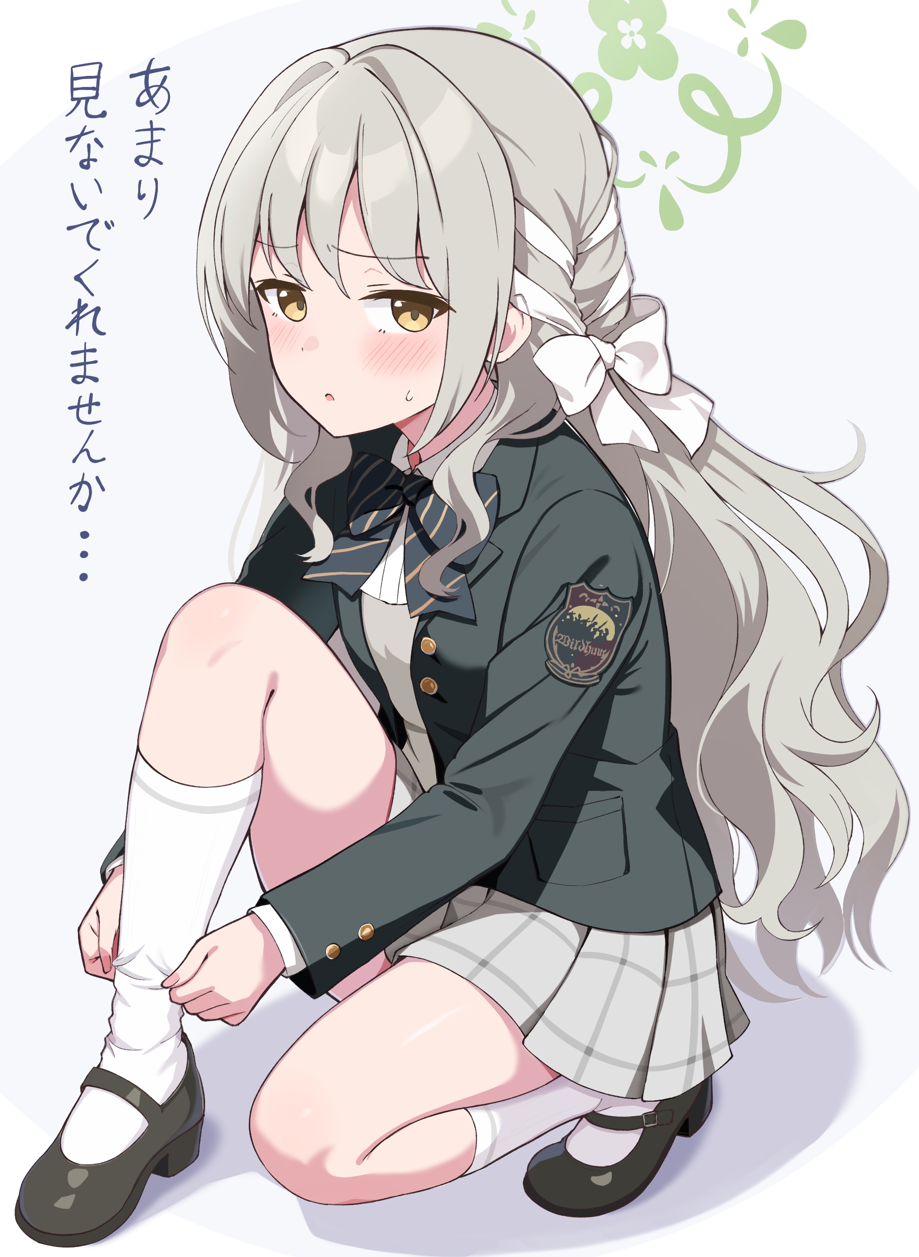 crouching start, miyo (blue archive), blue archive, absurdres, highres, 1girl, adjusting clothes, adjusting legwear, black shoes, blush, bow, bowtie, full body, green bow, green bowtie, green jacket, grey hair, grey skirt, hair bow, halo, jacket, kneehighs, long hair, long sleeves, looking at viewer, mary janes, on one knee, parted lips, shoes, simple background, skirt, socks, solo, sweat, two-tone background, white bow, white socks, yellow eyes