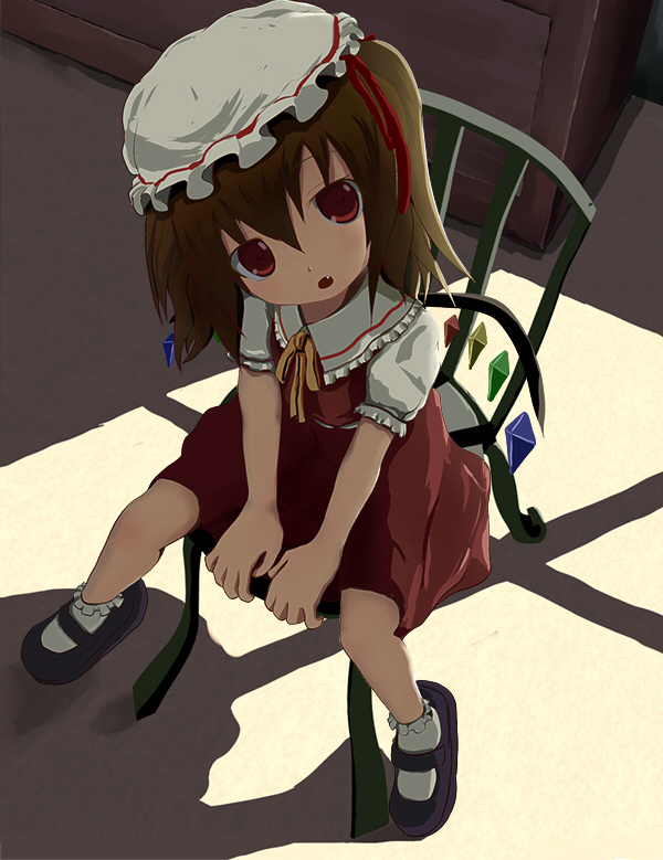 popo (0kyono0), flandre scarlet, touhou, bad id, bad pixiv id, 1girl, black shoes, blonde hair, blouse, chair, collared shirt, fang, female focus, full body, hair between eyes, hat, head tilt, indoors, mob cap, on chair, red eyes, ribbon, shirt, shoes, short hair, sitting, socks, solo, white hat, white shirt, white socks, wings
