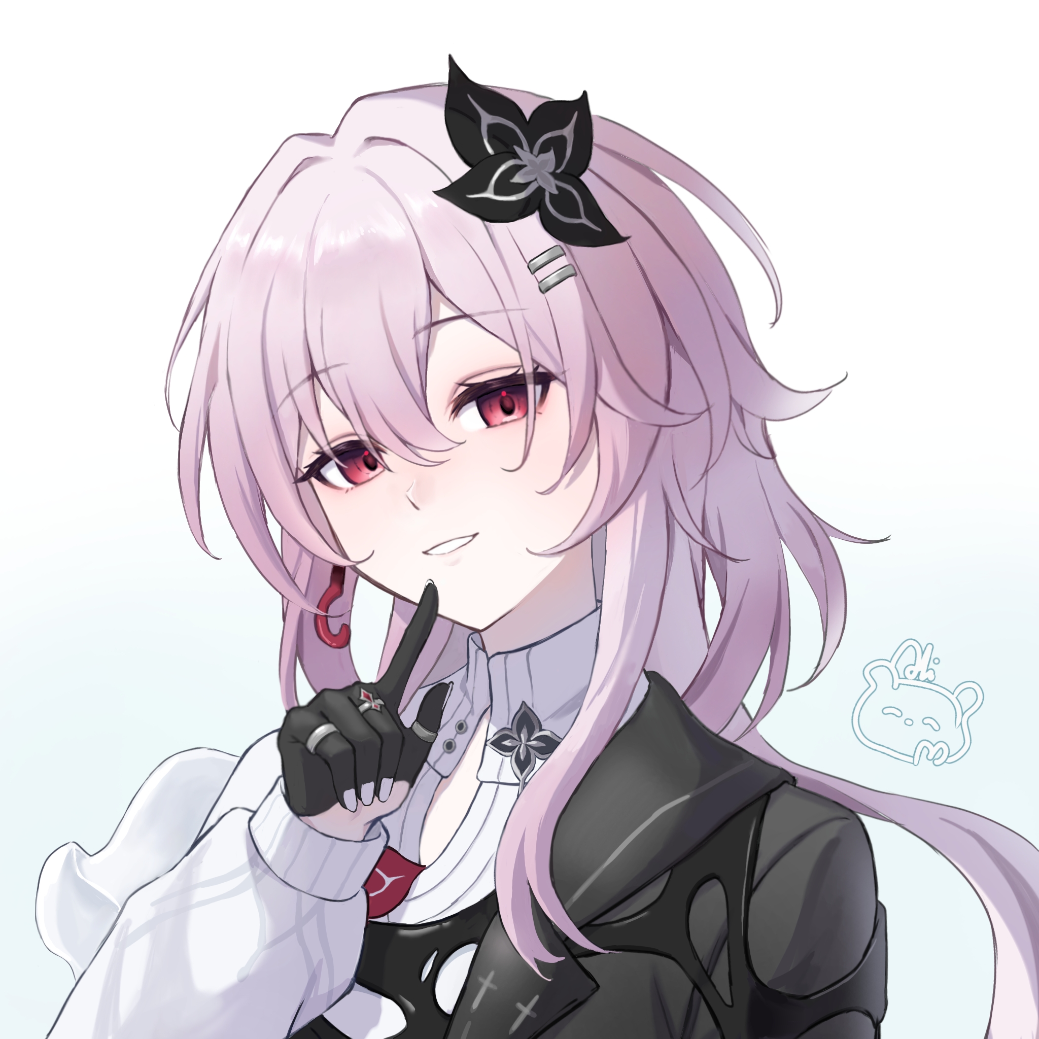 aliuwu, evernight (honkai: star rail), march 7th (honkai: star rail), honkai: star rail, honkai (series), commentary request, highres, 1girl, black dress, black gloves, blue background, dress, gloves, gradient background, grin, hair ornament, hairclip, hand up, long hair, long sleeves, looking at viewer, pink hair, red eyes, shirt, smile, solo, upper body, white background, white shirt