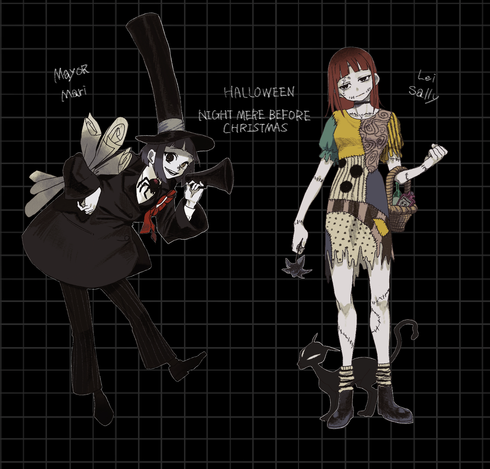 donutshole13, sally (nbc), the nightmare before christmas, character request, highres, 2girls, colored skin, dress, hat, jacket, long hair, long sleeves, multiple girls, open mouth, patchwork skin, pinstripe pattern, red hair, smile, stitched face, stitches, striped clothes, vest