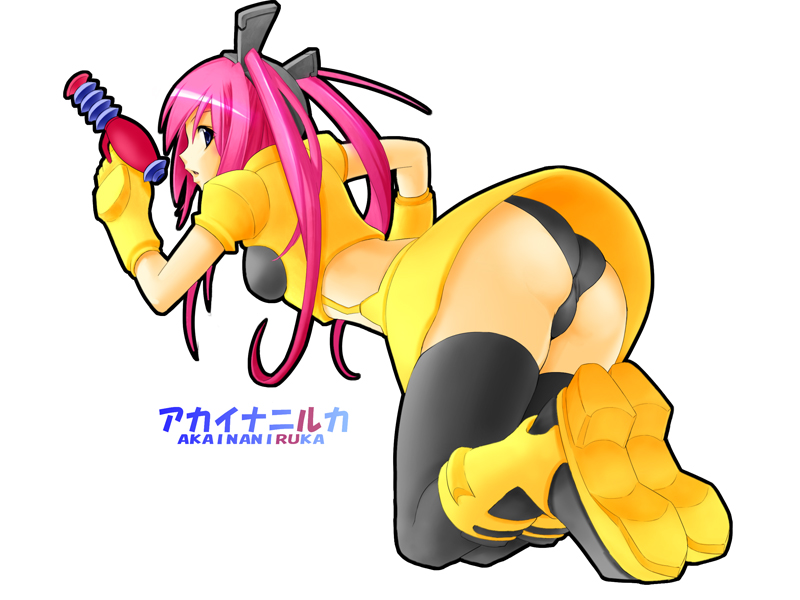 kintarou (kintarou's room), ass, bent over, blue eyes, boots, gloves, gun, hair ornament, long hair, looking back, midriff, miniskirt, panties, pantyshot, pink hair, simple background, skirt, solo, thighhighs, twintails, underwear, weapon, zettai ryouiki