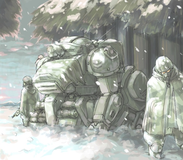 fujisawa takashi, scopedog, soukou kihei votoms, bad id, bad pixiv id, 2boys, mecha, multiple boys, robot, snow