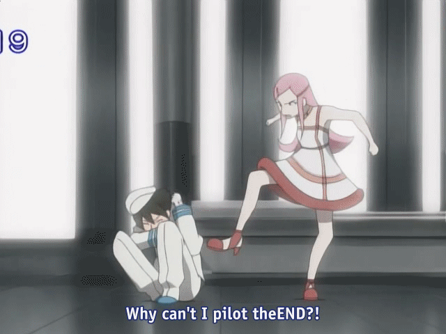 anemone (eureka seven), dominic sorel, eureka seven, eureka seven (series), animated, animated gif, anime screenshot, 00s, 1boy, 1girl, clock, clockshow, dress, high heels, kicking, pink hair, shoes, subtitled