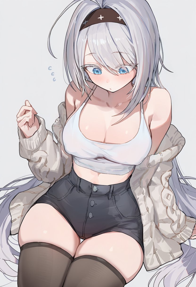 sissela kyle, black survival, eternal return: black survival, commentary, english commentary, highres, 1girl, alternate breast size (larger), aran sweater, bare shoulders, black hairband, black shorts, black thighhighs, blue eyes, breasts, cable knit, cleavage, closed mouth, collarbone, cowlick, crop top, flying sweatdrops, hairband, hand up, illustchuki, jacket, large breasts, light blush, long hair, long sleeves, looking down, midriff, no eyepatch, off shoulder, shorts, skindentation, solo, sweater, sweater jacket, swept bangs, tank top, thighhighs, thighs, very long hair, white tank top