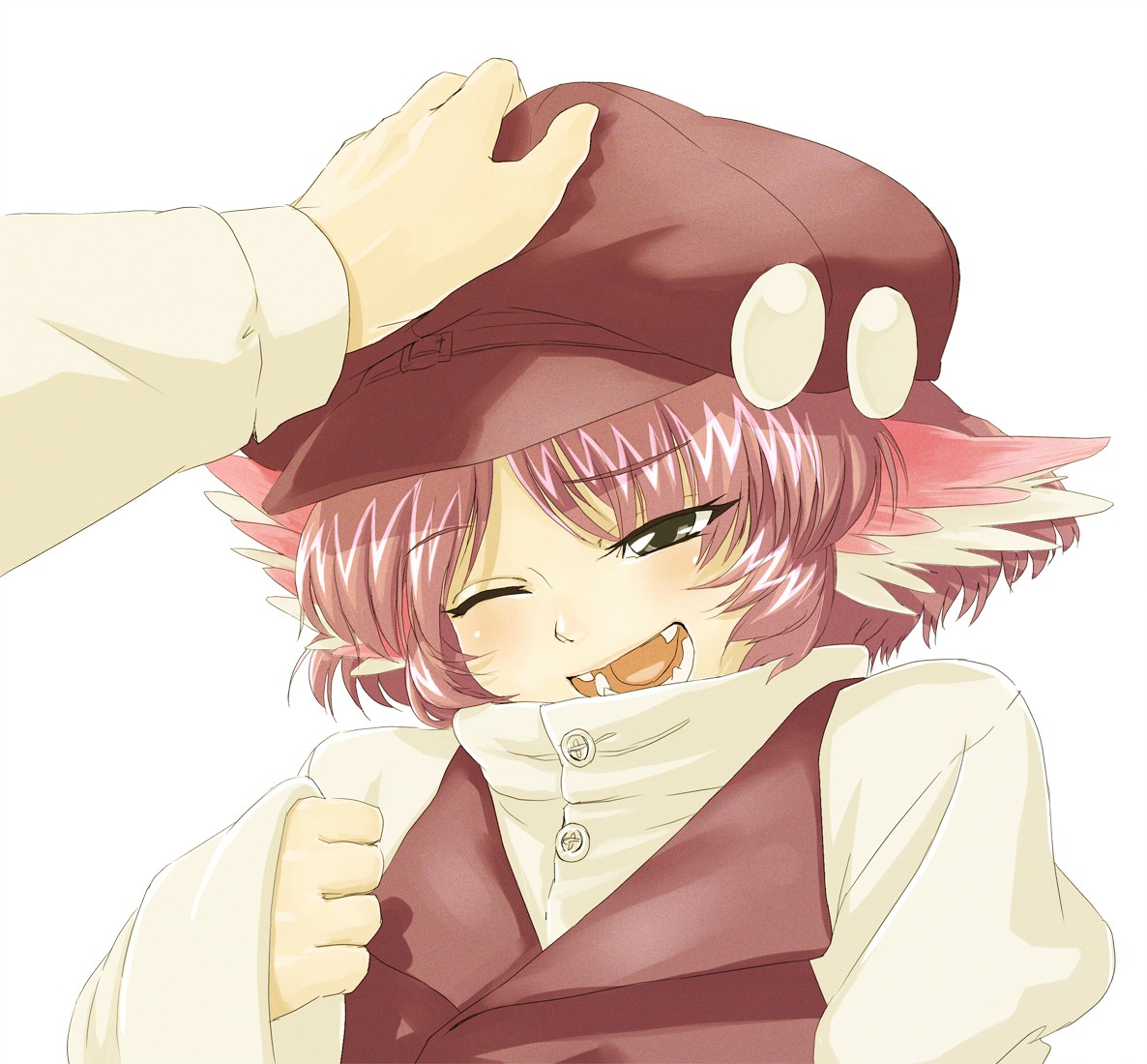 shiba itsuki, shibaki, mystia lorelei, touhou, bad id, bad pixiv id, 1girl, :d, alternate costume, animal ears, fang, female focus, happy, hat, head pat, headpat, one eye closed, open mouth, pink hair, poking, short hair, simple background, smile, solo focus, teeth, white background, wink