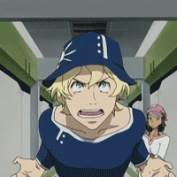 gidget, moondoggie, eureka seven, eureka seven (series), animated, animated gif, anime screenshot, lowres, 00s, blonde hair, blue eyes, bucket hat, hat