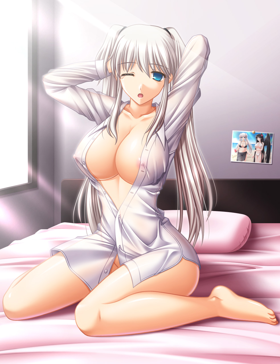 kafu (logaemon), nao (mabinogi), mabinogi, highres, 1girl, arms up, barefoot, bed, blue eyes, bottomless, breasts, cleavage, covered erect nipples, dress shirt, feet, female focus, large breasts, light rays, naked shirt, one eye closed, open clothes, open mouth, open shirt, photo (object), pillow, see-through clothes, shirt, solo, sunbeam, sunlight, twintails, unbuttoned, waking up, white hair, wings, wink, yawning