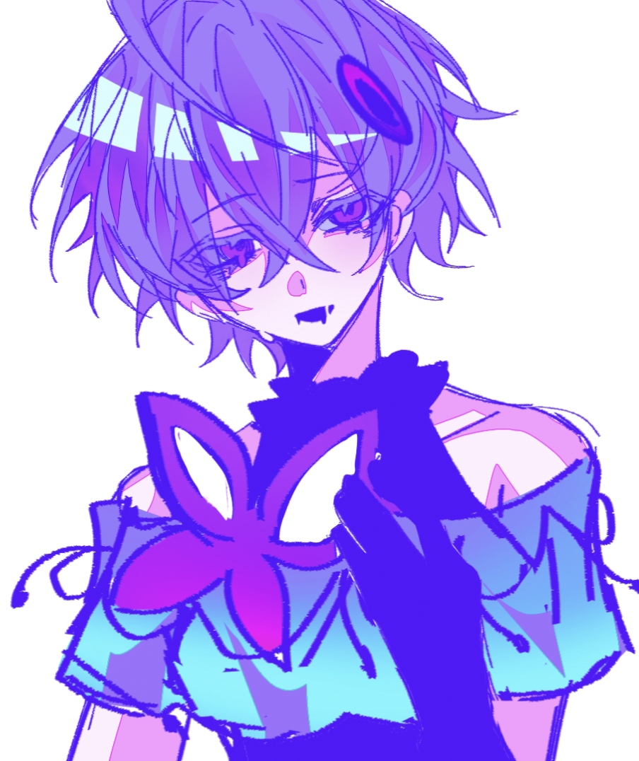 original, vocaloid, chinese commentary, commentary request, 1girl, :d, abnormality dancin' girl (vocaloid), ahoge, arm at side, bare shoulders, black mouth, black shirt, blue dress, breasts, collarbone, colored eyelashes, crossed bangs, double-parted bangs, dress, drooling, eyes visible through hair, figueros, hair between eyes, hair ornament, hand on own chest, looking at viewer, messy hair, mouth drool, off-shoulder dress, off shoulder, official alternate costume, open mouth, purple eyes, shirt, short hair, short sleeves, simple background, sleeveless, sleeveless shirt, sleeveless turtleneck, small breasts, smile, solo, sweatdrop, tame mene, turtleneck, turtleneck shirt, upper body, white background