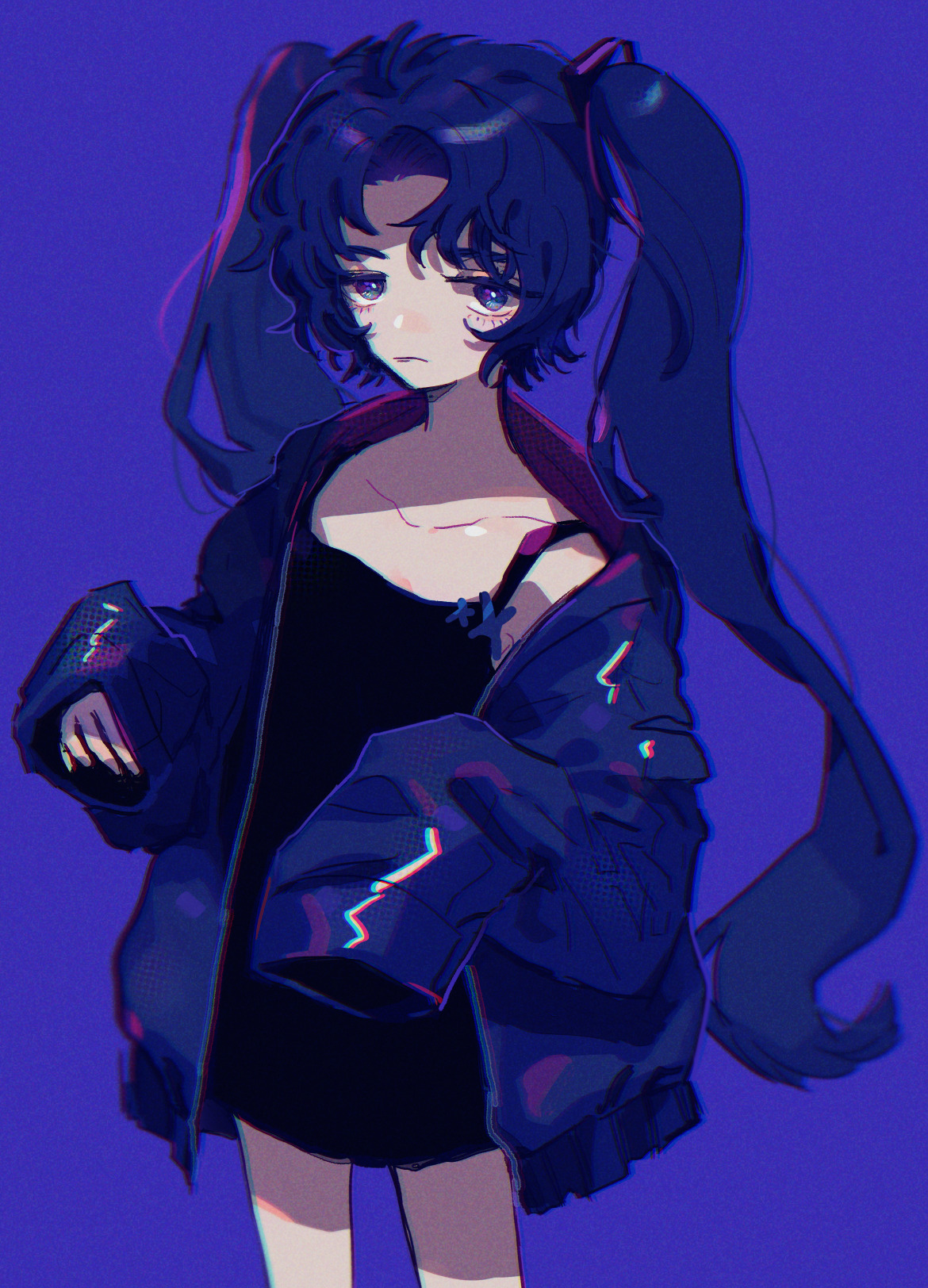 mawarusanso, hatsune miku, vocaloid, highres, 1girl, black shirt, blue background, blue eyes, blue hair, collarbone, cowboy shot, expressionless, jacket, long hair, long sleeves, looking at viewer, open clothes, open jacket, shirt, simple background, sleeves past fingers, sleeves past wrists, solo, twintails, very long hair