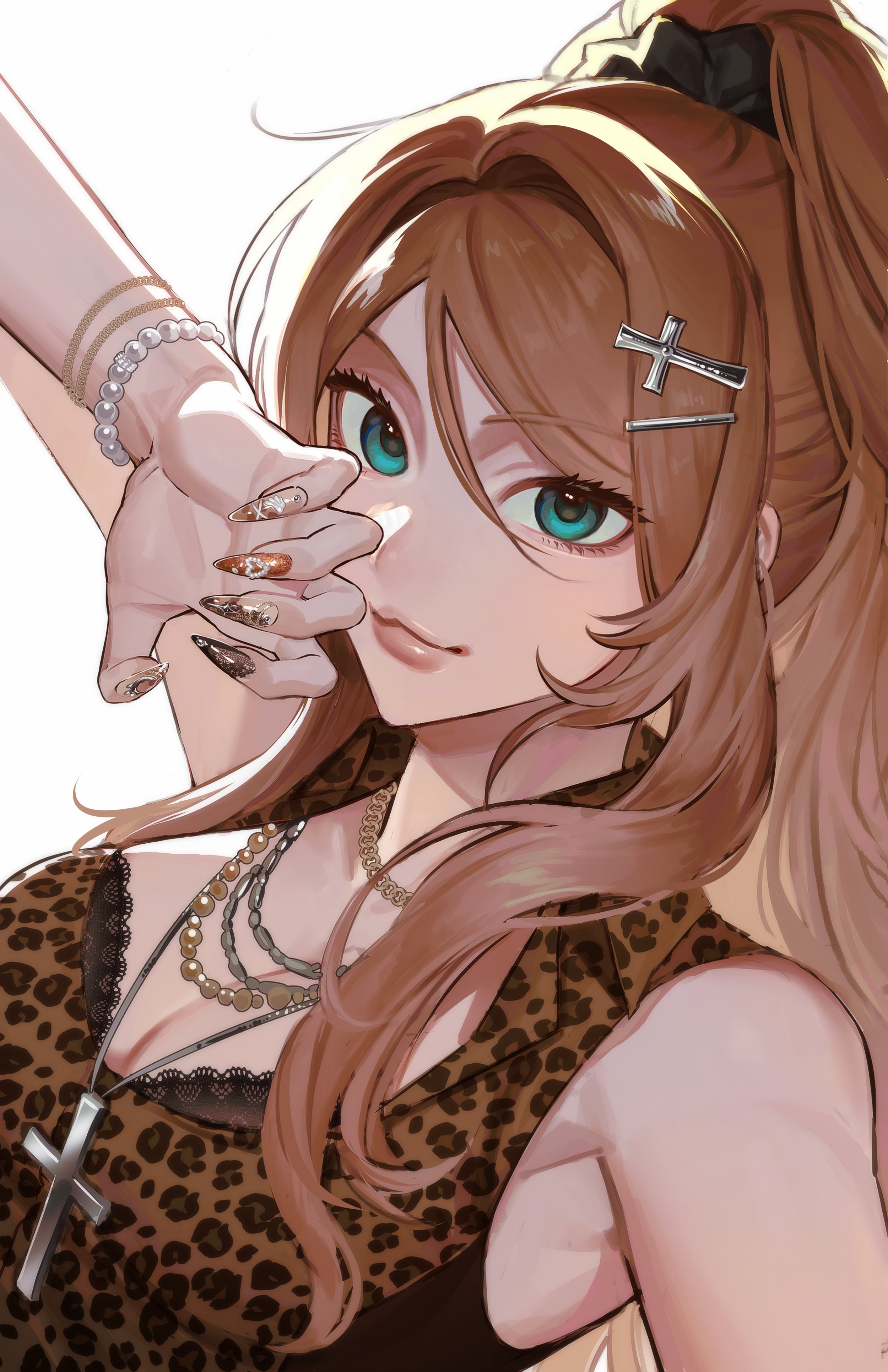 absurdres, character request, commentary request, copyright request, highres, korean commentary, animal print, aqua eyes, armpits, bracelet, hair ornament, hair scrunchie, high ponytail, jewelry, kwang 176, leopard print, long hair, looking at viewer, nail art, nail polish, orange hair, ponytail, rosary, scrunchie, simple background, white background