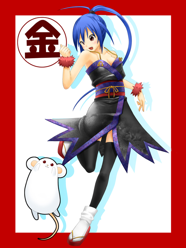 kintarou (kintarou's room), bare shoulders, blue hair, dress, fang, long hair, mouse (animal), ponytail, red eyes, solo, tabi, thighhighs, wristband