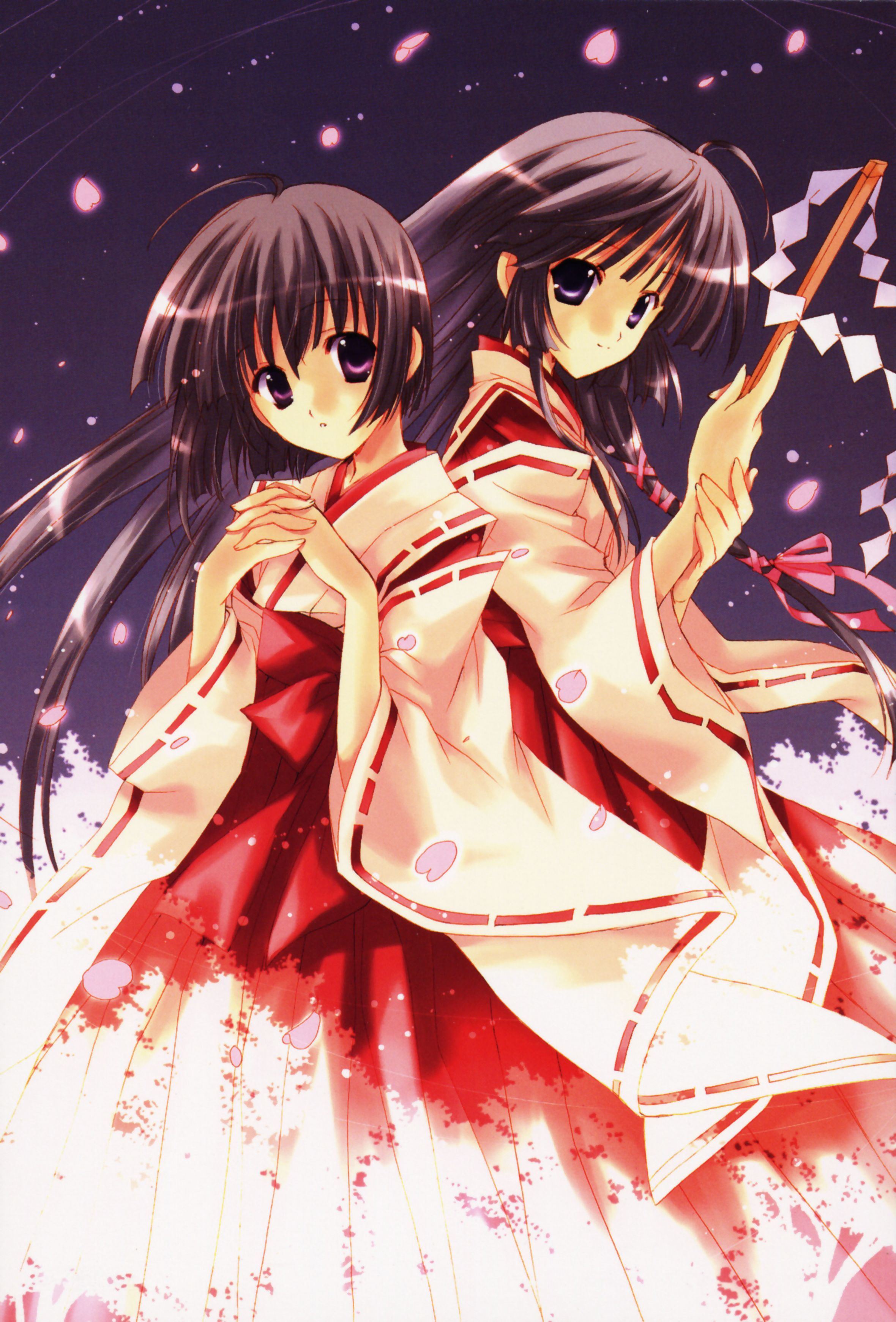 nanase aoi, aquarian age, absurdres, highres, 00s, 2girls, black hair, hakama, hakama skirt, japanese clothes, miko, multiple girls, petals, purple eyes, red hakama, skirt