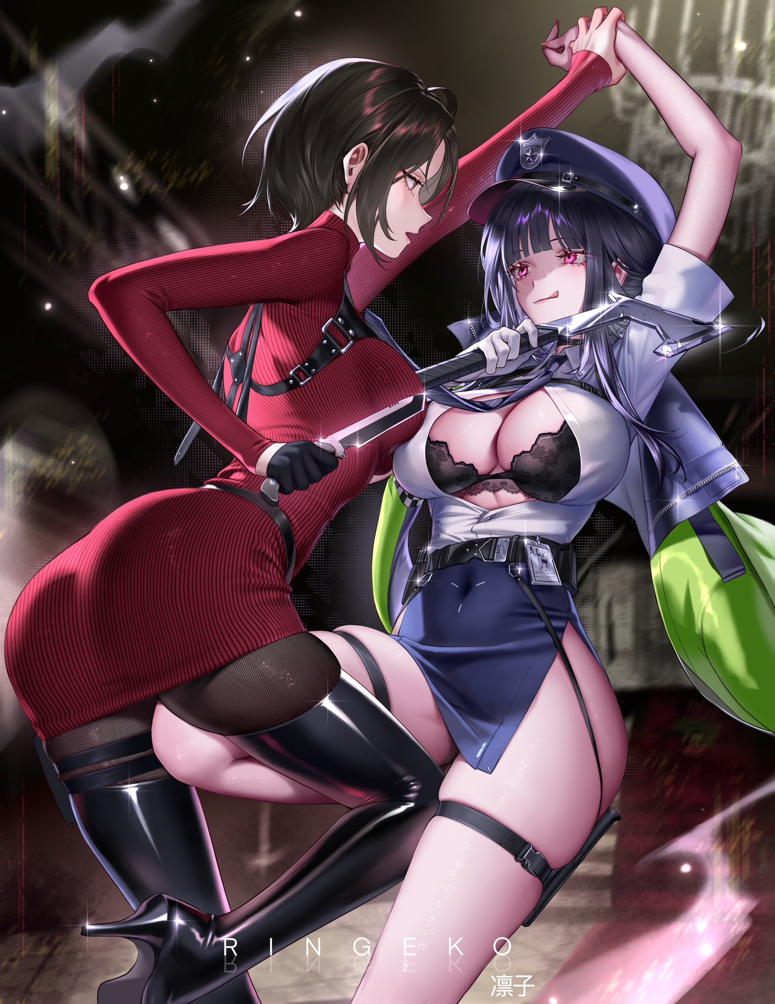 ringeko-chan, ada wong, d (killer wife) (secret police) (nikke), goddess of victory: nikke, resident evil, commentary, hashtag-only commentary, highres, 2girls, :q, arm up, artist name, black boots, black bra, black gloves, black hair, black necktie, black pantyhose, blue skirt, boots, bra, breasts, chest harness, collared shirt, covered navel, crossover, dress, eye contact, gloves, harness, high heel boots, high heels, holding, holding another's wrist, holding knife, knife, large breasts, long hair, long sleeves, looking at another, multiple girls, necktie, official alternate costume, open clothes, open mouth, open shirt, pantyhose, pink eyes, police, police uniform, red dress, shirt, shirt tucked in, short hair, skindentation, skirt, sweater, sweater dress, thigh boots, thigh strap, tongue, tongue out, underwear, white gloves, white shirt