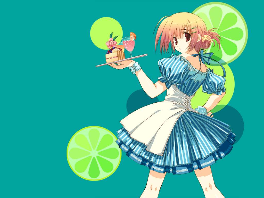 mitsumi misato, blonde hair, brown eyes, dress, hair ornament, hairclip, looking back, solo, waitress