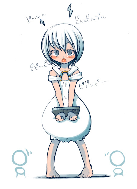 masha, meteos, translation request, 1girl, bdsm, blue eyes, blush, bondage, bound, bound wrists, female focus, personification, solo, stocks, white hair