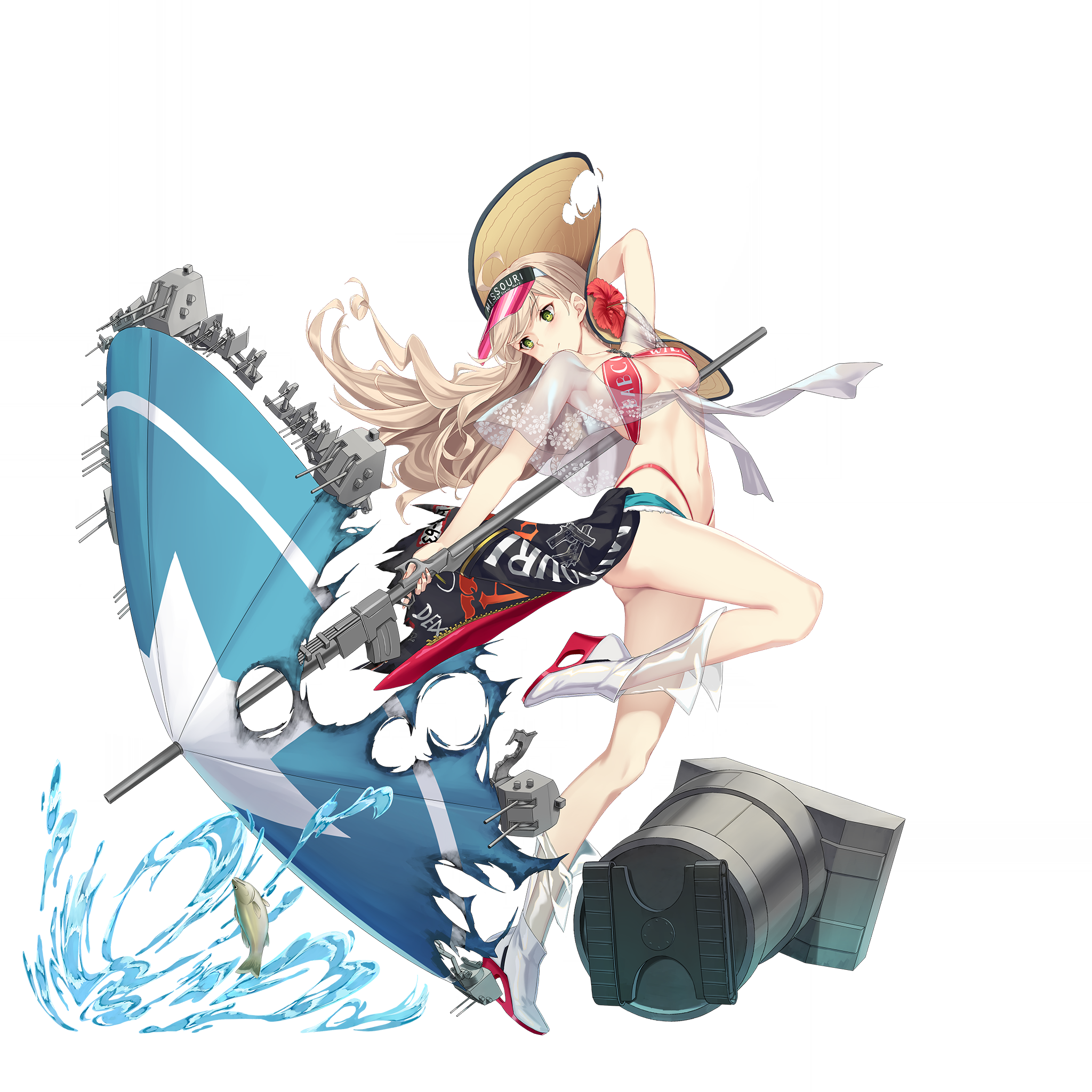zi se, missouri (warship girls r), warship girls r, highres, official art, 1girl, anti-aircraft, anti-aircraft gun, arm behind head, arm up, autocannon, beach umbrella, bikini, black jacket, blonde hair, blue shorts, bofors 40 mm gun, boots, cannon, fish, flower, full body, green eyes, hat, hat flower, jacket, leg up, long hair, looking to the side, navel, oerlikon 20mm gun, official alternate costume, red bikini, rigging, short shorts, shorts, sling bikini top, solo, standing, standing on one leg, stomach, swimsuit, torn clothes, torn hat, transparent background, umbrella, unworn jacket, white boots
