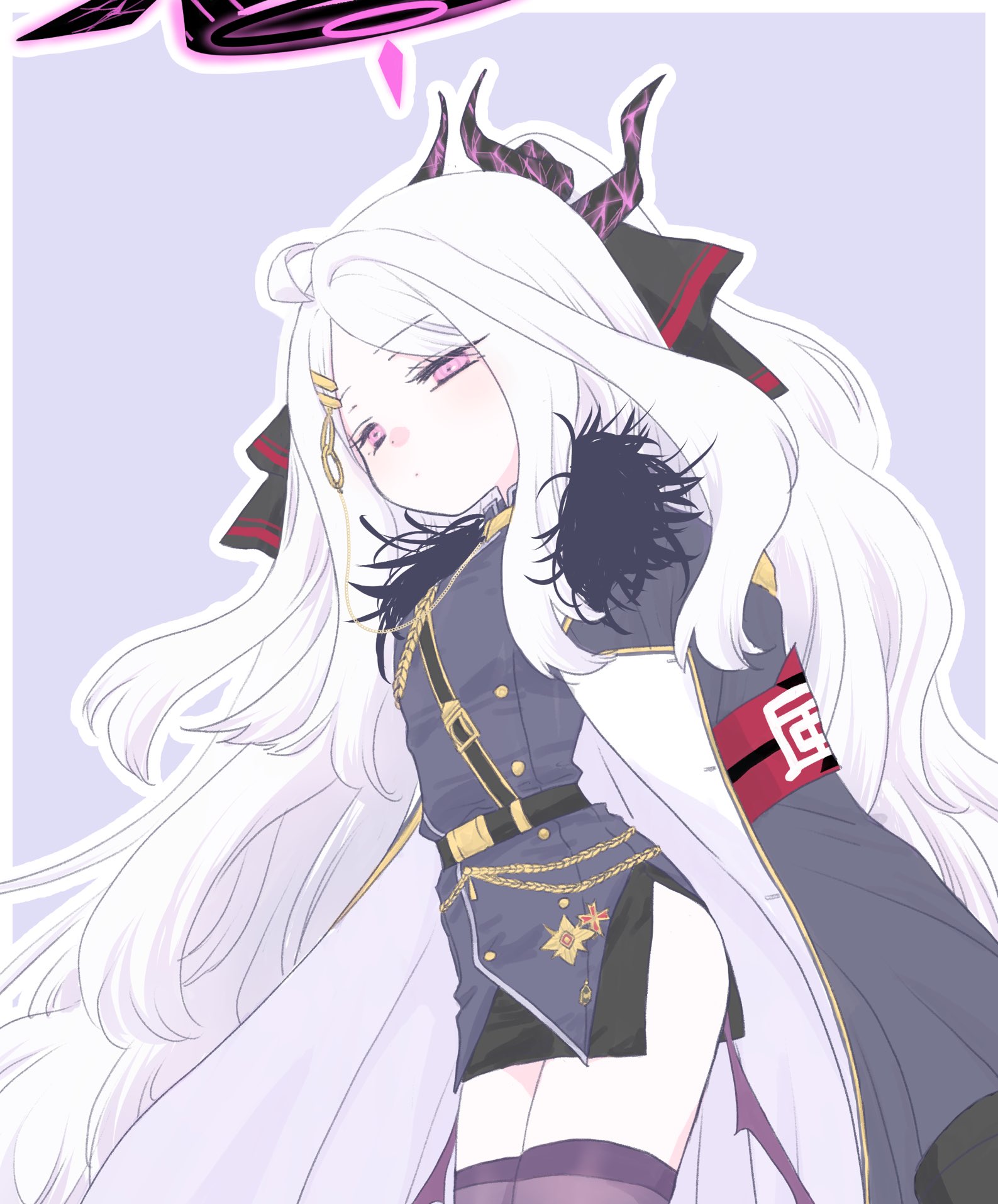 hina (blue archive), blue archive, highres, 1girl, ahoge, belt, black belt, black coat, black halo, black skirt, black thighhighs, breasts, coat, coat on shoulders, demon girl, demon horns, demon wings, halo, horns, long hair, looking at viewer, low wings, purple eyes, simple background, skirt, small breasts, solo, takahisayuki, thighhighs, thighs, very long hair, white hair, wings