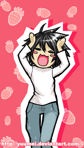 yuumei, l (death note), death note, animated, animated gif, lowres, 00s, 1boy, bags under eyes, caramelldansen, dancing, food, fruit, happy, male focus, solo, strawberry, watermark