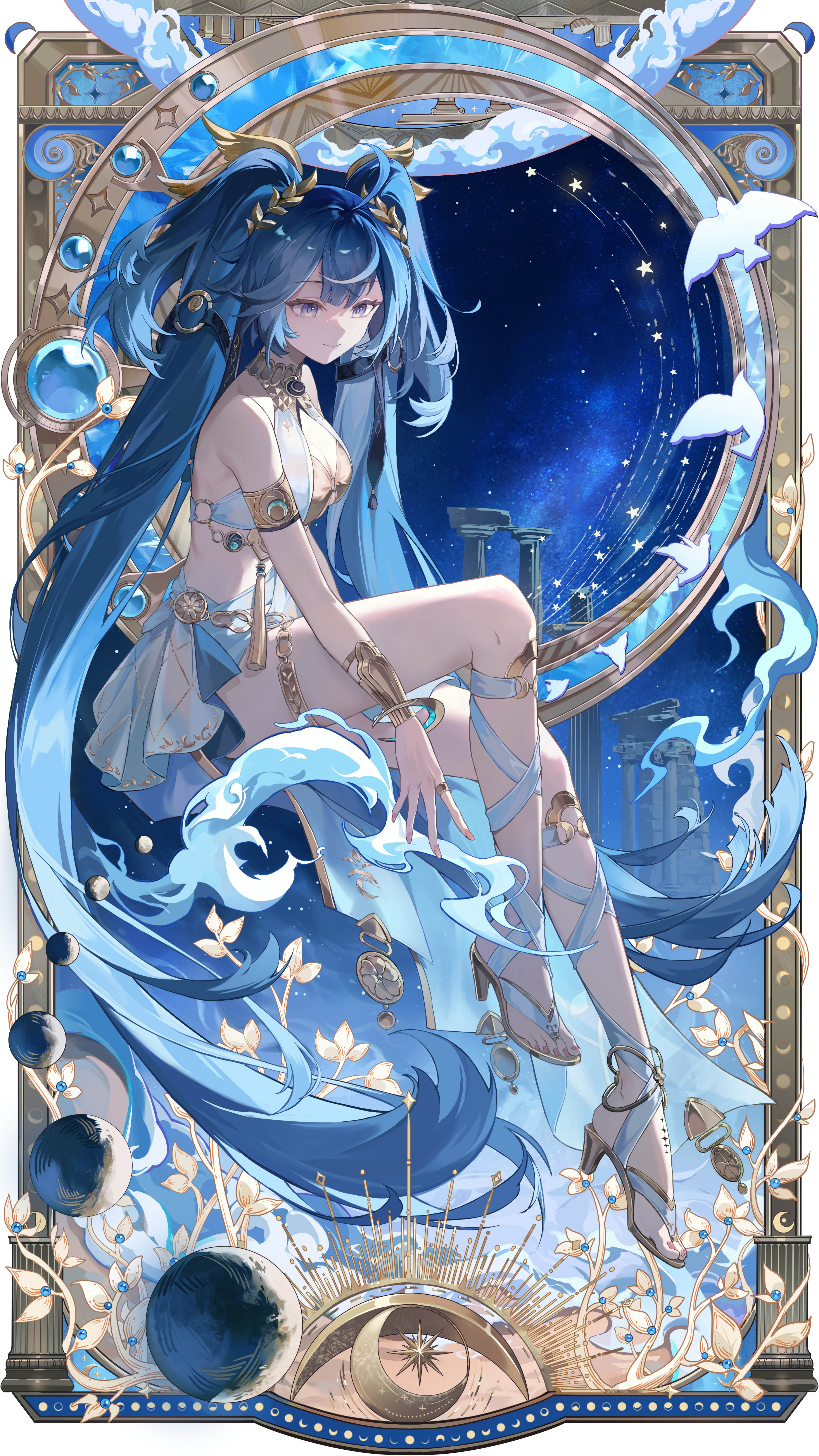asona, iuno (wuthering waves), wuthering waves, absurdres, chinese commentary, commentary request, highres, 1girl, ahoge, armlet, bare shoulders, blue eyes, blue hair, breasts, cleavage, closed mouth, full body, gladiator sandals, gold bra, greco-roman clothes, high heels, jewelry, laurel crown, leg wrap, long hair, looking down, sandals, showgirl skirt, sitting, smile, solo, tacet mark (wuthering waves), thighlet, thighs, twintails, very long hair