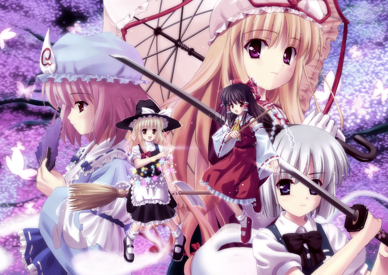 orino yushi, yuyu (20563031), hakurei reimu, kirisame marisa, konpaku youmu, konpaku youmu (ghost), saigyouji yuyuko, yakumo yukari, touhou, silver hair, 5girls, black hair, blonde hair, blue eyes, bow, broom, brown eyes, bug, butterfly, cherry blossoms, female focus, folding fan, hair bow, hand fan, hat, hitodama, insect, japanese clothes, katana, long hair, miko, multiple girls, pink hair, purple eyes, red eyes, short hair, star (symbol), sword, umbrella, weapon, witch, witch hat