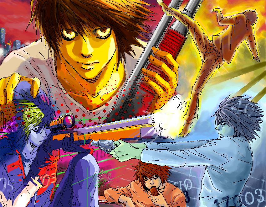 l (death note), death note, 00s, 1boy, bags under eyes, black hair, chocolate, collage, eating, gun, handgun, kicking, male focus, pistol, revolver, rifle, scope, shotgun, sniper rifle, sunset, weapon