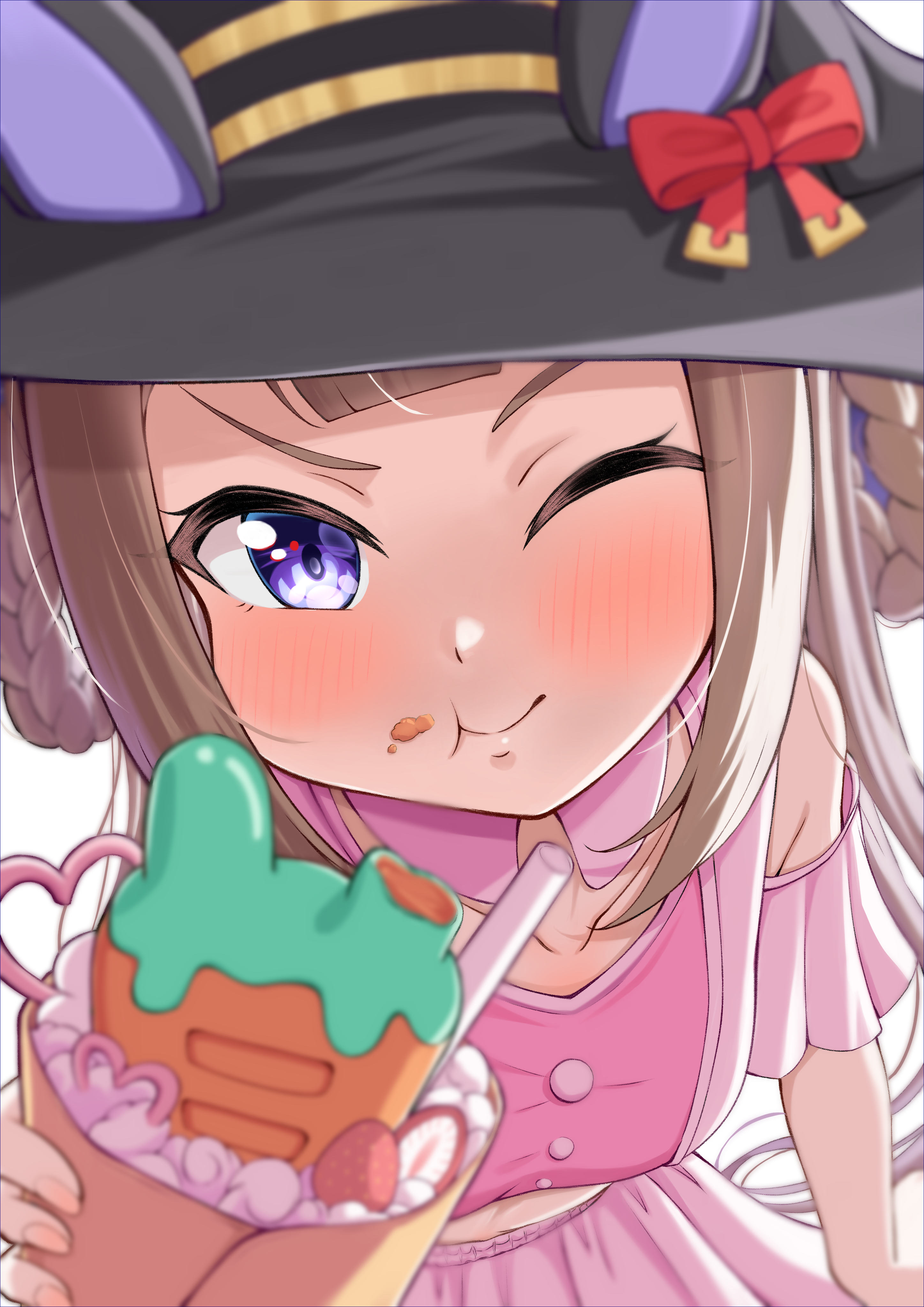 akanehiiro, sweep tosho (umamusume), umamusume, absurdres, commentary request, highres, 1girl, animal ears, blurry, blurry foreground, breasts, eating, food in mouth, hair between eyes, hair ornament, hat, horse ears, horse girl, long hair, looking at viewer, meni shuki rush-sshu!, one eye closed, pov, pov hands, purple eyes, small breasts, smile, twintails, witch hat
