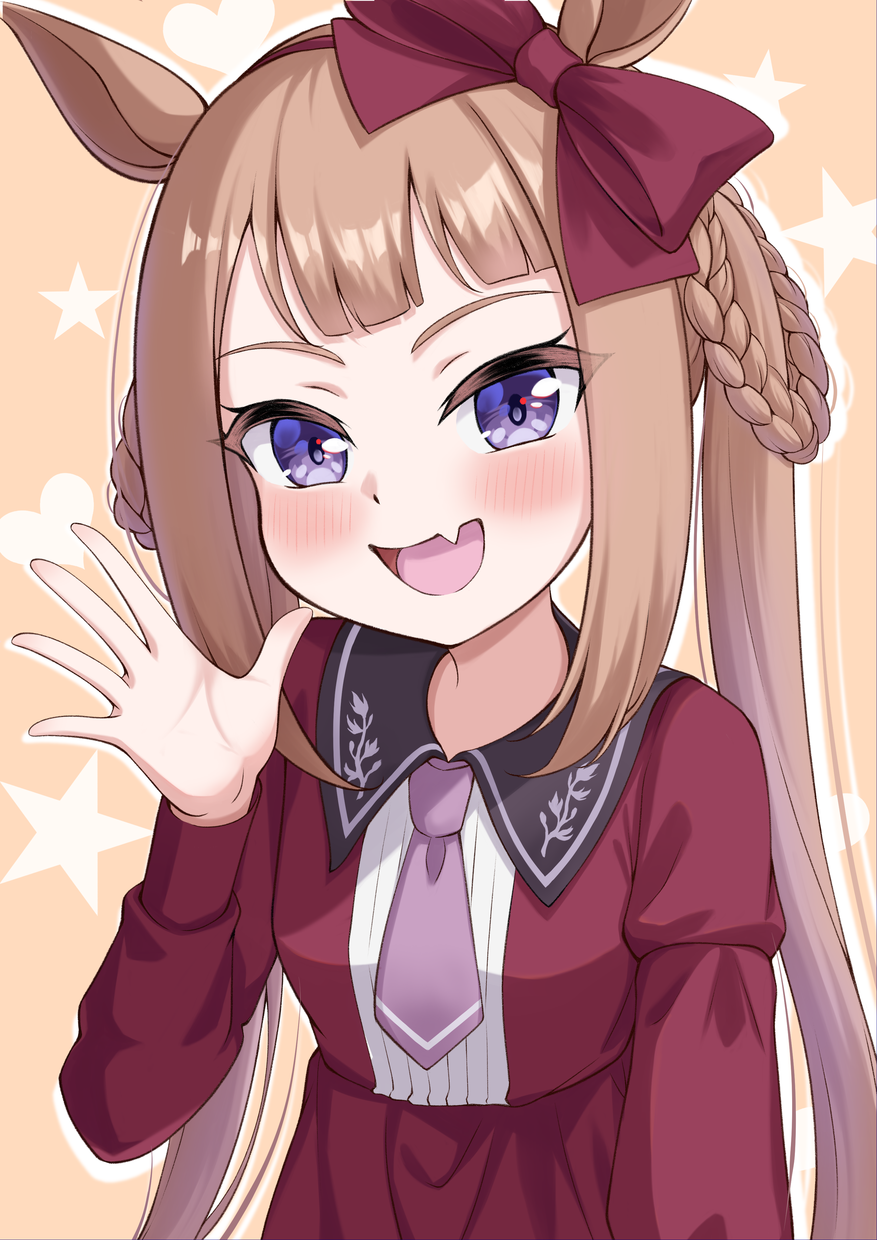 akanehiiro, sweep tosho (umamusume), umamusume, absurdres, commentary request, highres, 1girl, animal ears, blush, breasts, brown hair, casual, fang, hair between eyes, hair ornament, hair rings, horse ears, horse girl, long hair, looking at viewer, necktie, purple eyes, simple background, small breasts, twintails, waving