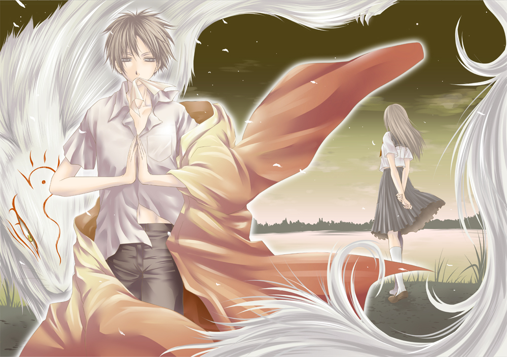 fujimaru mamenosuke, rmame, madara (natsume yuujinchou), natsume reiko, natsume takashi, nyanko-sensei, natsume yuujinchou, bad id, bad pixiv id, 00s, 1boy, 1girl, mouth hold, ofuda, school uniform